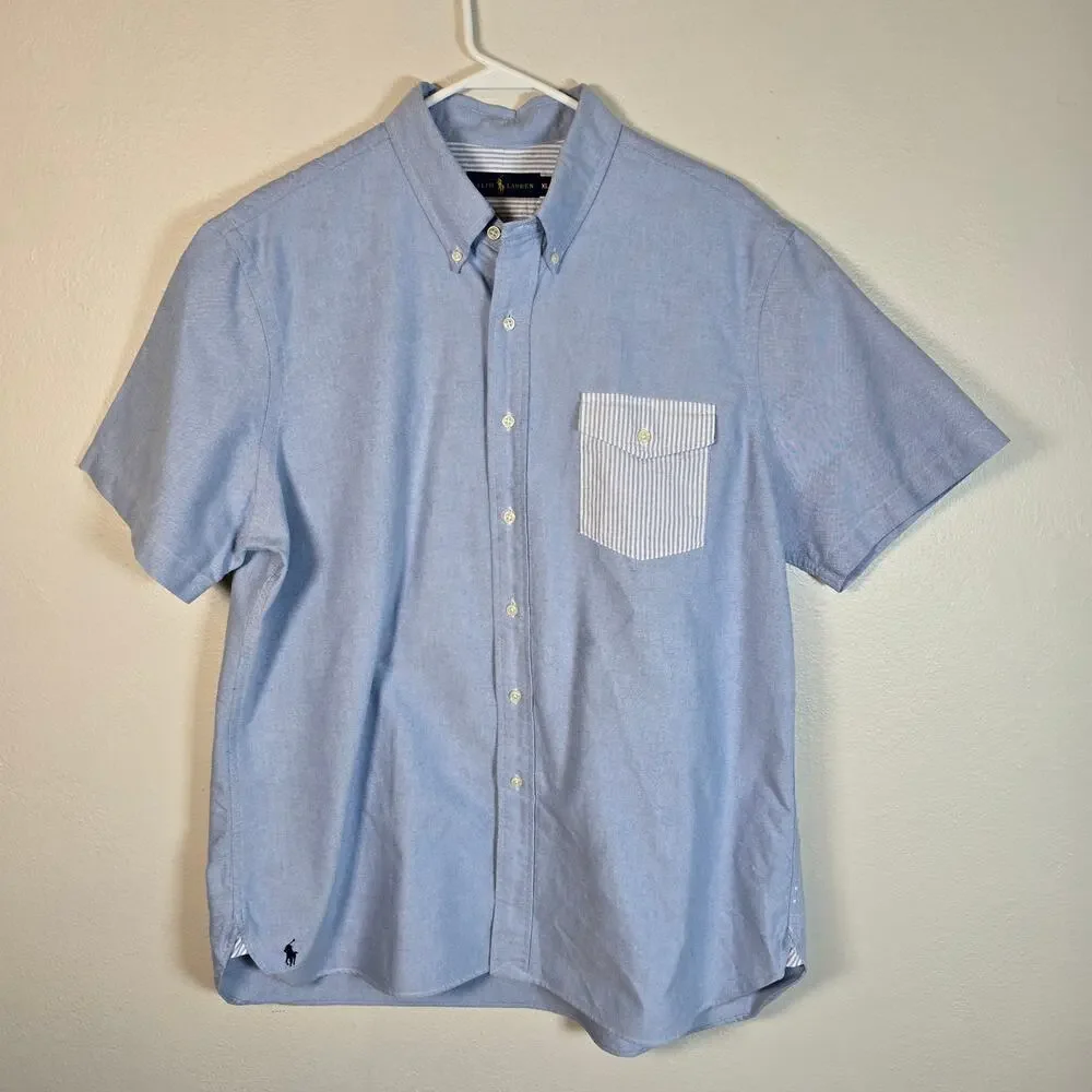 Polo Golf Ralph Lauren Shirt L Blue Cotton Oxford Contrast Pocket Preppy Classic